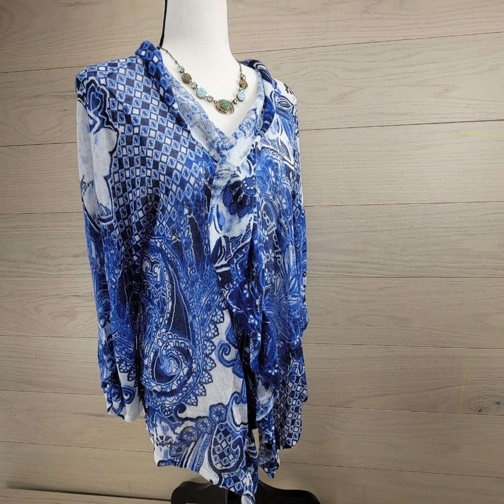 Chico's Cardigan Size 1 Medium Drapey Cardigan Boho Blue White